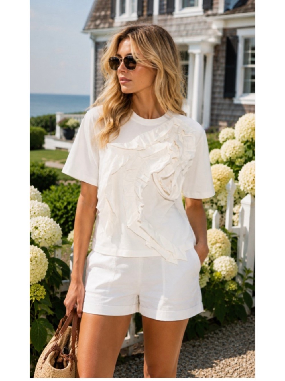 New Ulla Johnson Aris Ruffle-Detail T-Shirt in Light Beige M